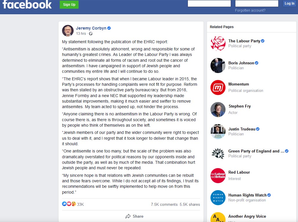 Corbyn on Facebook
